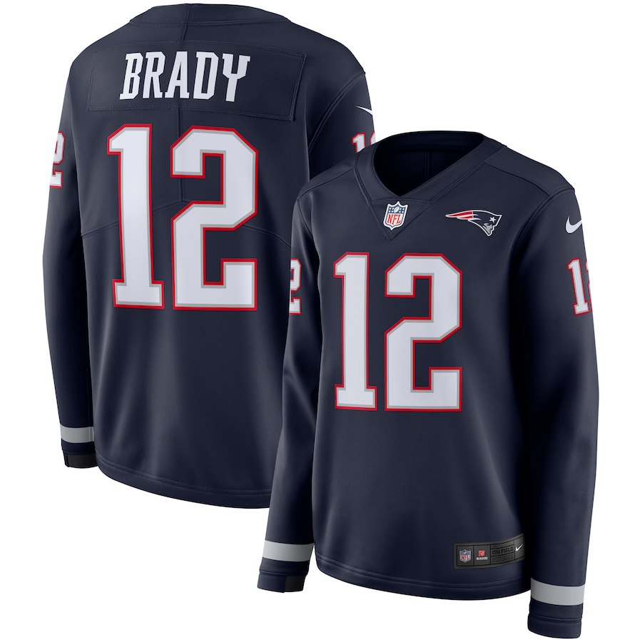 Women New England Patriots #12 Brady blue Limited NFL Nike Therma Long Sleeve Jersey->women nfl jersey->Women Jersey